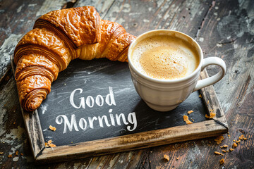 Good morning sign with a cup of fresh hot morning coffee and a broken croissant on an old school slate with a distressed wooden frame on a rustic table with writing"Good Morning"
