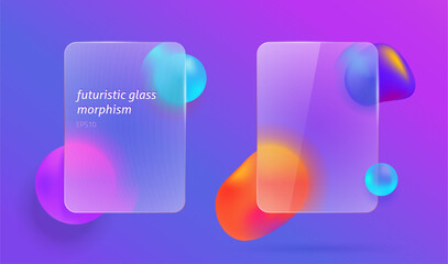 3d blurry glass morphism neon colorful transparent geometric floating set vector graphic illustration, mate rectangle plastic screen purple magenta element realistic modern text frame design window