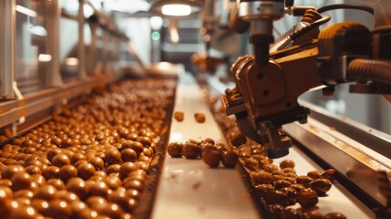 The process of producing chocolate products at a chocolate factory. Mechanized arm and automated technological production of sweets. - obrazy, fototapety, plakaty