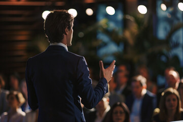 Back view of a public speaker presenting in front of a big audience at a conference hall - 773140759