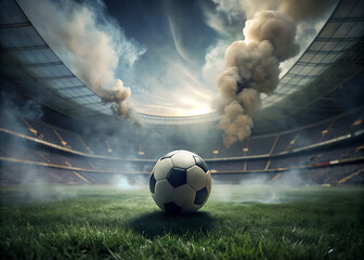 Football Lies Amidst Smoke on Stadium Grass.