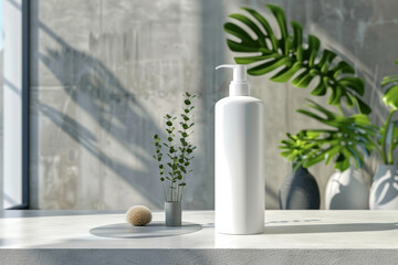 A white bottle of lotion sits on a counter next to a potted plant - obrazy, fototapety, plakaty