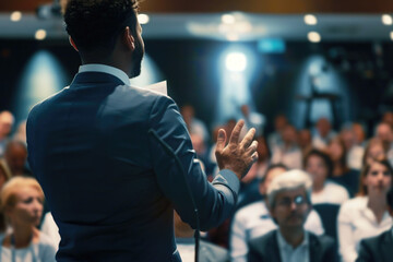 Back view of a black public speaker presenting in front of a big audience at a conference hall - 773140976