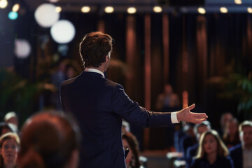 Back view of a public speaker presenting in front of a big audience at a conference hall - 773140981