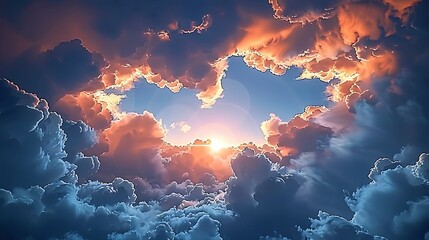 Sun beams breaking through the dark clouds at sunset spectacular conceptual background AI generated