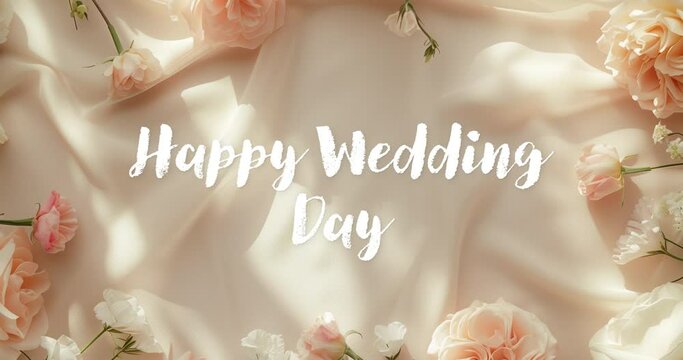 happy wedding day design, animated type, hand written letters, soft orange pastel roses on creamy satin fabric background