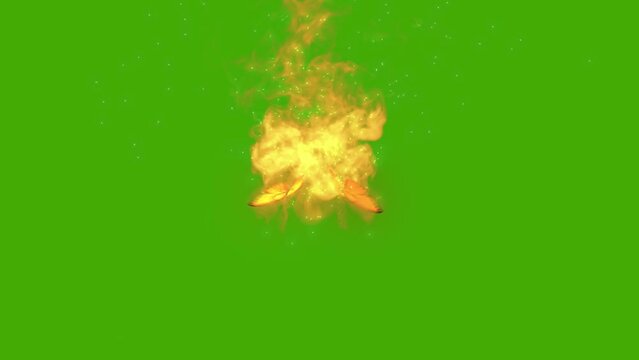Small torch fire - small camp fire - fire and flames - isolated on green screen background - 4K