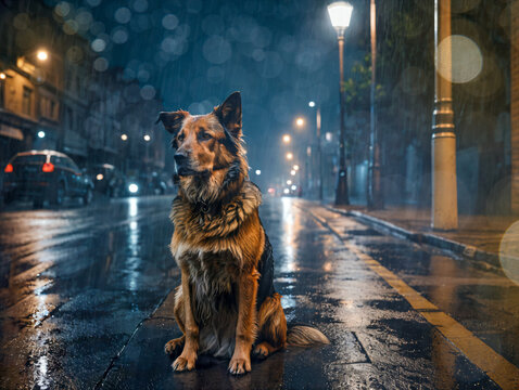 Einsamer Hund bei Nacht auf einer verlassenen Straße