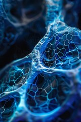 Alveolar cells in lung gas exchange, closeup, vibrant blue oxygen flow, dark respiratory backdrop, sharp detail