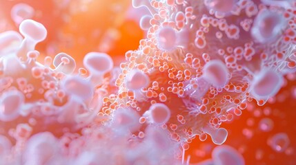 Alveolar macrophage engulfing pathogen, top view, soft orange cleanup, detailed action, clear lung defense - obrazy, fototapety, plakaty