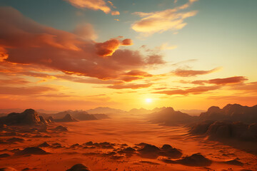 Desert hill under blue sky with golden sunlight like setting sun. Orange sand texture in Empty...