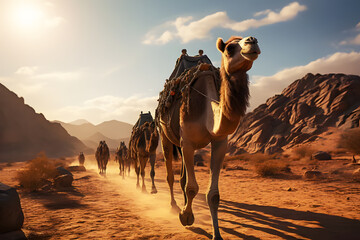 Brown camels walking in line in desert during the sunset time gold. Mountains and yellow evening sky in the background. Camelidae are highly tolerant animals. It can live in remote places. - obrazy, fototapety, plakaty