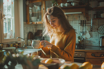 Young woman making her morning tea in her kitchen
 - obrazy, fototapety, plakaty