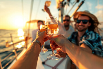 Group of friends relaxing on luxury yacht, drinking and toasting with cocktails and having fun together while sailing in the sea - 773142196