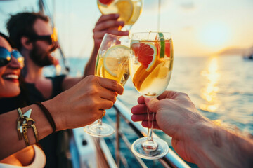Group of friends relaxing on luxury yacht, drinking and toasting with cocktails and having fun together while sailing in the sea - 773142307