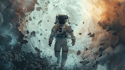 Astronaut steps into a galactic universe through a torn white wall, embodying adventure.