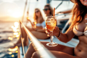 Group of friends relaxing on luxury yacht, drinking cocktails and having fun together while sailing in the sea - 773142362