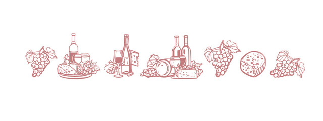 Vector hand drawn wine set with wine glass, cheese, bottle, grape, vineyard landscape, barrel with wine in vintage style. 
