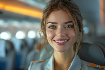 Smiling female flight attendant in an airplane, portrait of a beautiful lady