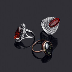 Elegant jewelry set. Jewellery set with gemstones. Product still life concept. Ring, necklace and...