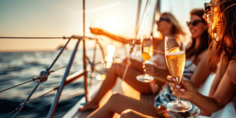 Group of friends relaxing on luxury yacht, drinking cocktails and having fun together while sailing in the sea - 773142544