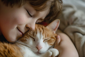 Young boy cuddling pet cat
