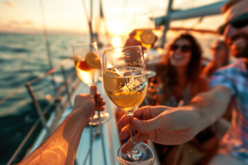Group of friends relaxing on luxury yacht, drinking and toasting with cocktails and having fun together while sailing in the sea - 773142586