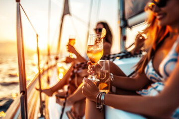 Group of friends relaxing on luxury yacht, drinking cocktails and having fun together while sailing in the sea - 773142928