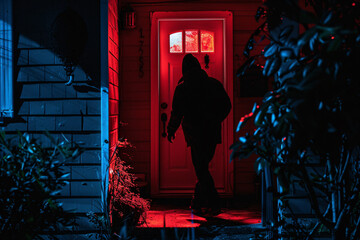 a burglar stands outside the front door of the house - obrazy, fototapety, plakaty