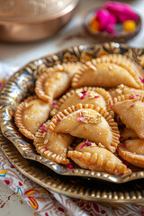 Gujiya - sweet dumplings made during the festival of holi and diwali, square composition selective focus
