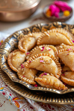 Gujiya - sweet dumplings made during the festival of holi and diwali, square composition selective focus
