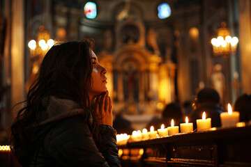 portrait of young woman praying in the church - obrazy, fototapety, plakaty