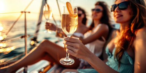 Group of friends relaxing on luxury yacht, drinking cocktails and having fun together while sailing in the sea - 773143170