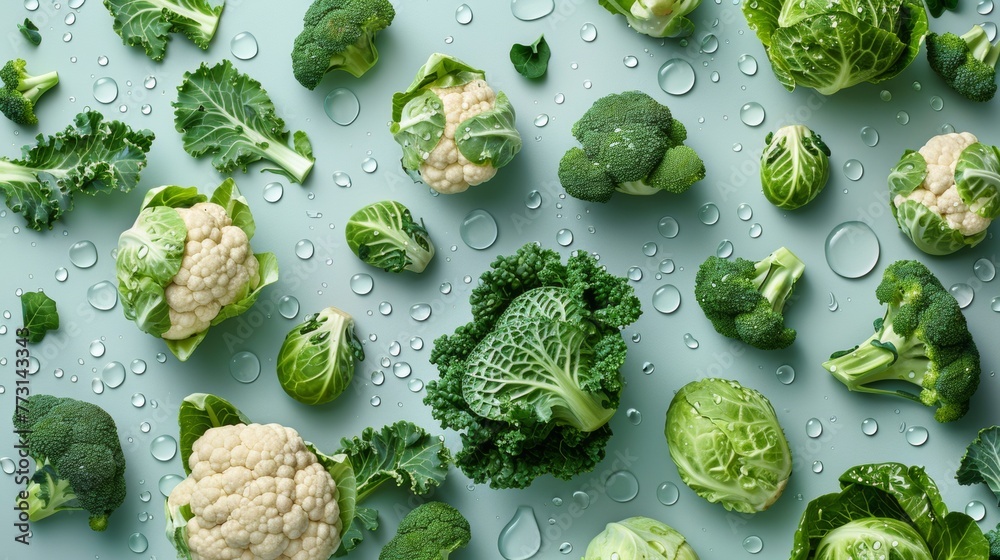 Sticker Broccoli, cauliflower, and other vegetables on a blue surface