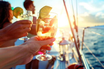 Group of friends relaxing on luxury yacht, drinking and toasting with cocktails and having fun together while sailing in the sea - 773143389