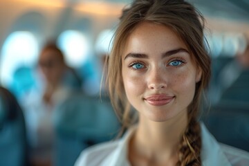 Fototapeta premium The beauty of a flight: Female flight attendant ready to serve