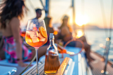 Group of friends relaxing on luxury yacht, drinking cocktails and having fun together while sailing in the sea - 773143588