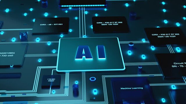 Blue illuminated AI (artificial intelligence) processor on the motherboard. Processing unit, used for machine learning and integrated processes, technology, science.