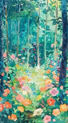 A painting of a forest with lots of flowers