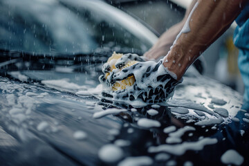 close up of male hands washing car with sponge and foam - obrazy, fototapety, plakaty