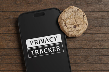 Cookie leaning over to a mobile phone showing the words PRIVACY TRACKER on a wooden desk. Illustration of the concept of digital footprints and general data protection regulation (GDPR) compliance - obrazy, fototapety, plakaty