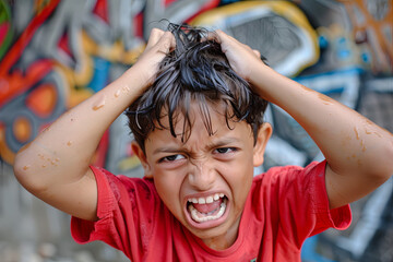 Angry boy in red tee holding his head shouting angrily
 - obrazy, fototapety, plakaty