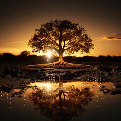 a tree in the middle of water and sky at sunset