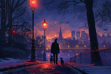 Evening stroll with a dog by the illuminated city park. Urban winter wonderland scene. Design for seasonal greeting card, atmospheric poster, and city life wallpaper