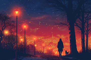 Evening stroll with a dog by the illuminated city park. Urban winter wonderland scene. Design for seasonal greeting card, atmospheric poster, and city life wallpaper - obrazy, fototapety, plakaty