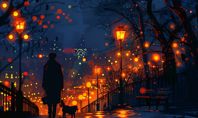 Evening stroll with a dog by the illuminated city park. Urban winter wonderland scene. Design for seasonal greeting card, atmospheric poster, and city life wallpaper - obrazy, fototapety, plakaty