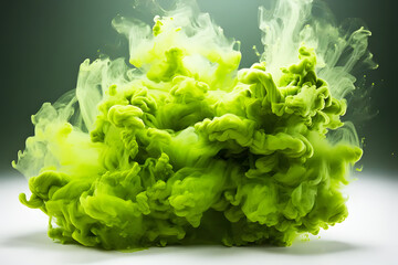 Explosion of light green powder produced smoke on green black background. Splashing paint is an art. Smoke spread throughout area. Background Abstract Texture