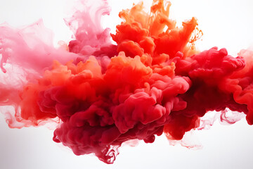 Explosion of light red and white powder produced gray mixed smoke on white background. Splashing paint is an art. Smoke spread throughout area. Background Abstract Texture.	