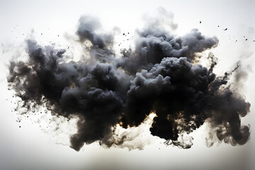 Background Abstract Texture. Explosion of black and white powder produced gray mixed smoke on white background. Splashing paint is an art. Smoke spread throughout area.	