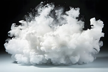 Explosion of white and white powder produced gray mixed smoke on black background. Splashing paint is an art. Smoke spread throughout area. Background Abstract Texture.	